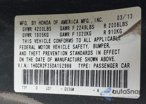 2013 Honda Accord Lx из США, поврежденный, VIN 1HGCR2F35DA152986